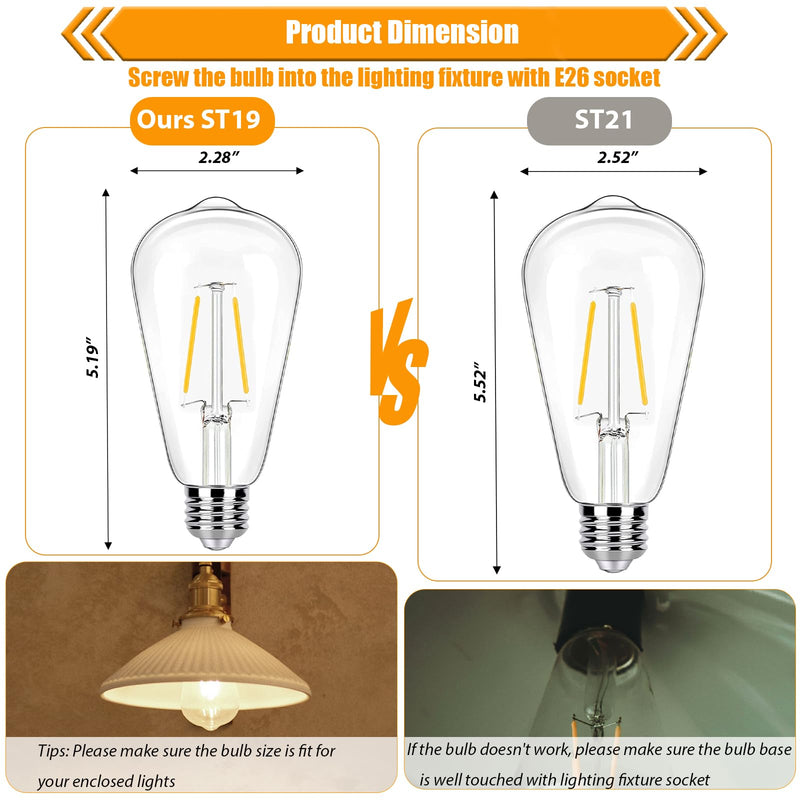 12 Pack 2W LED Edison Bulbs, 25 Watt Light Bulbs Equiv, 2700K Soft Warm with E26 Standard Base, LED ST19 Low Watt Light Bulbs, 250LM, Not-Dimmable, 120V 2700k Soft White 12 Count (Pack of 1)
