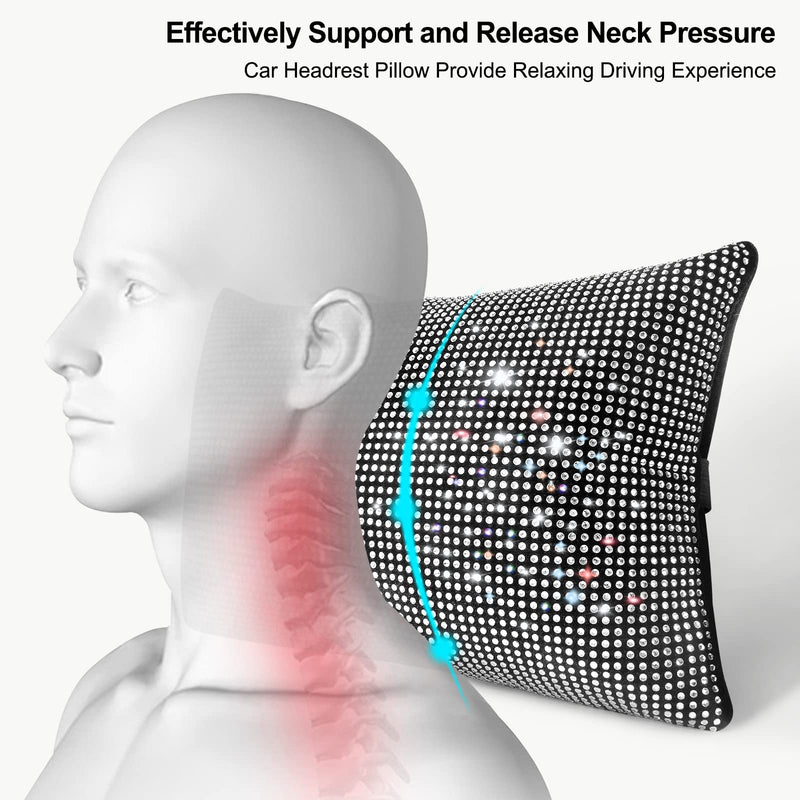 surpassme 2PCS Rhinestone Car Headrest Neck Pillow for Driving with Bling Bling Crystal Bow Pillow Car Accessories for Women (Silver/White) 2 White Pillows