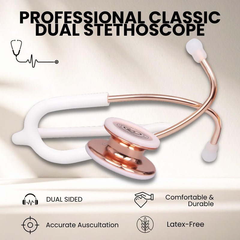 MaiWieel-Classic Monitoring Stethoscope Professional Dual Head Rose Gold Stethoscopes For Nurse,Doctor,Vet,Home Medical,EMT,Double-Sided Stainless Chestpiece,Flexible Tubing & Soft Sealing Eartips(White Gold) Rose Golden-White