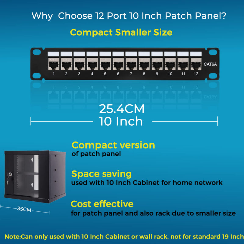 Rapink Mini 12 Port Cat6A Patch Panel with Inline Keystone 10G Support, Shielded 10-Inch with Removable Back Bar, 1U Network Patch Panel for Cat7, Cat6, Cat6A, Cat5e
