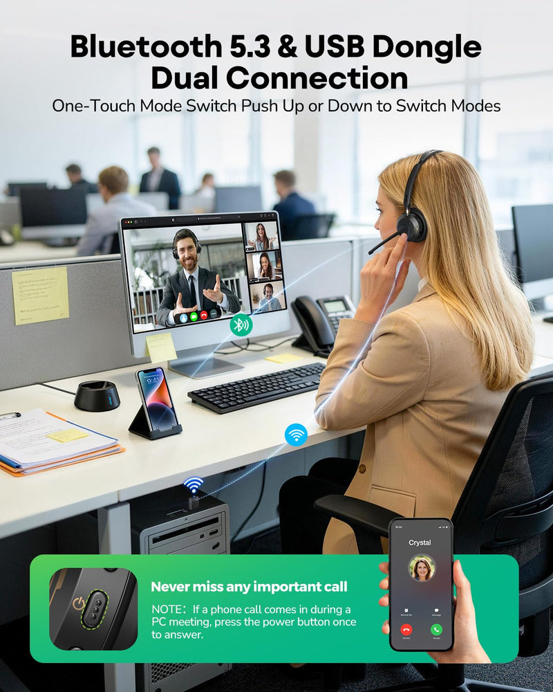 Wireless Headset with Mic for Work,Bluetooth Headset for Calls & Meetings | Bluetooth 5.3 & USB Dongle for Laptop, PC, iPhone & Android, Office & Call Center Headset for Remote Hybrid Worker Black