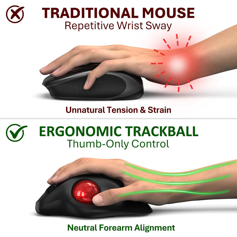 EDJO Wireless Trackball Mouse, Ergonomic Mouse with 30° Tilt, 5 DPI, Red | Thumb control, 3-device Bluetooth/2.4G, up to 160h battery, Type-C rechargeable, stays in place, removable ball, easy cleanup