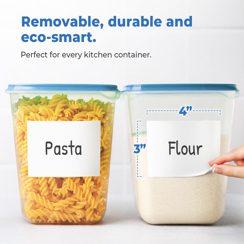 MESS Removable Food Labels for Containers (48-Pack) 3x4" Erasable Kitchen Labels for Organizing, Freezer & Fridge, White Dry Erase Labels for Jars 3x4"
