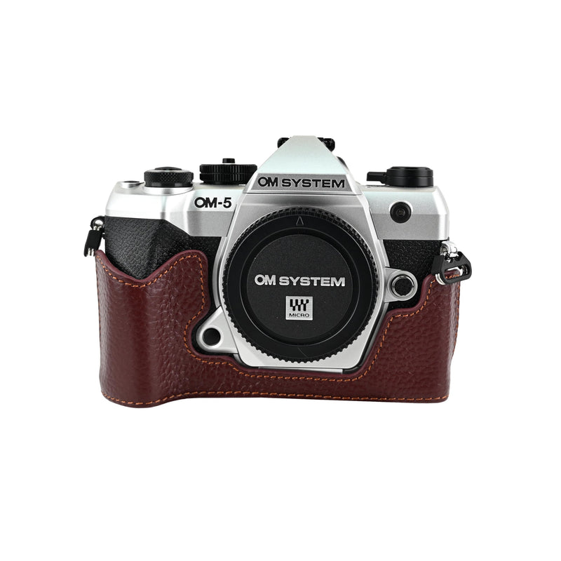 OM-5 Mark II Case, Litchi Handmade Genuine Real Leather Half Camera Case Bag Cover for Olympus System OM-5 Mark II Bottom Opening Version + Neck Strap (Brown) Brown