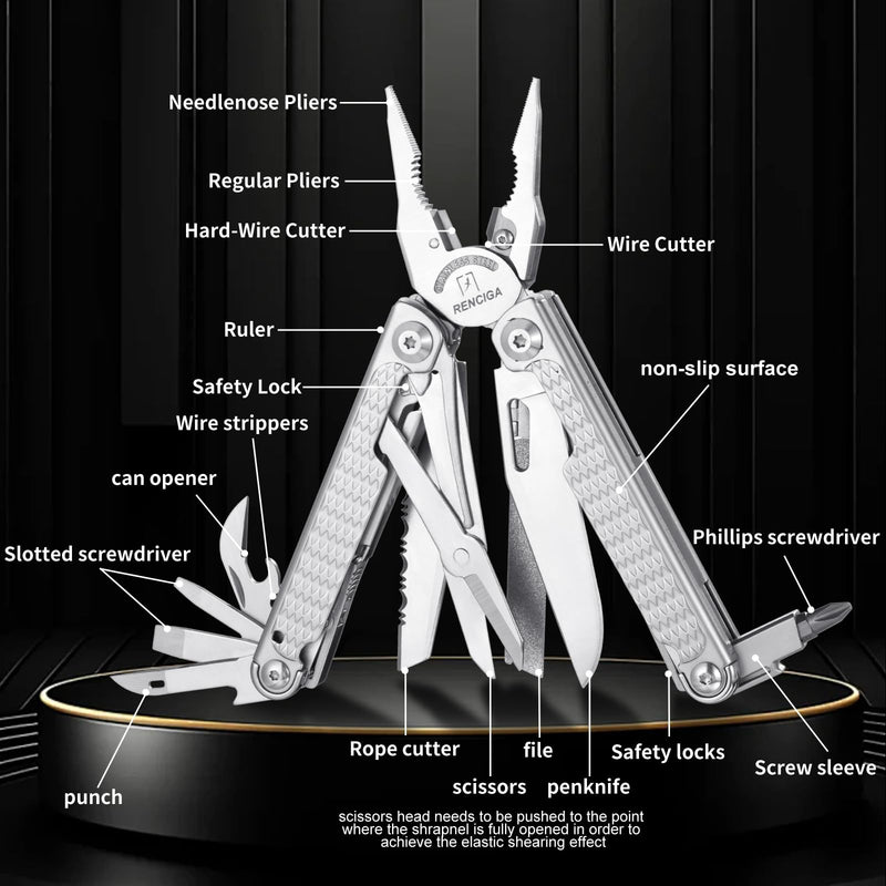 High-end Professional Multitool Pliers 15-in-1 Stainless Steel with Safety Lock 7-inch Multi Tool Foldable Pliers with Large Saw Blade Wire Cutter Scissors and Screwdirver Set Camping Survival for Man