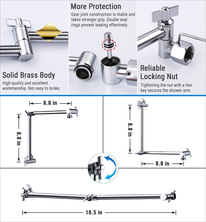 G-Promise 18 Inch Shower Head Extension Arm, Solid Brass Height & Angle Adjustable Extender, Rise or Lower Rainfall and Fixed Shower Head (Chrome) Chrome