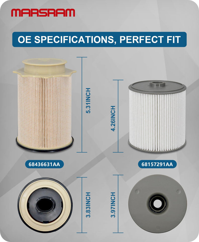 Marsram 6.7 Cummins Fuel Filter Water Separator Set fits for 2019 2020 2021 2022 2023 2024 Dodge Ram 2500 3500 4500 5500 6.7L Cummins Diesel Turbo Engines, Replace 68157291AA 68436631AA 2019-2024 1 Set