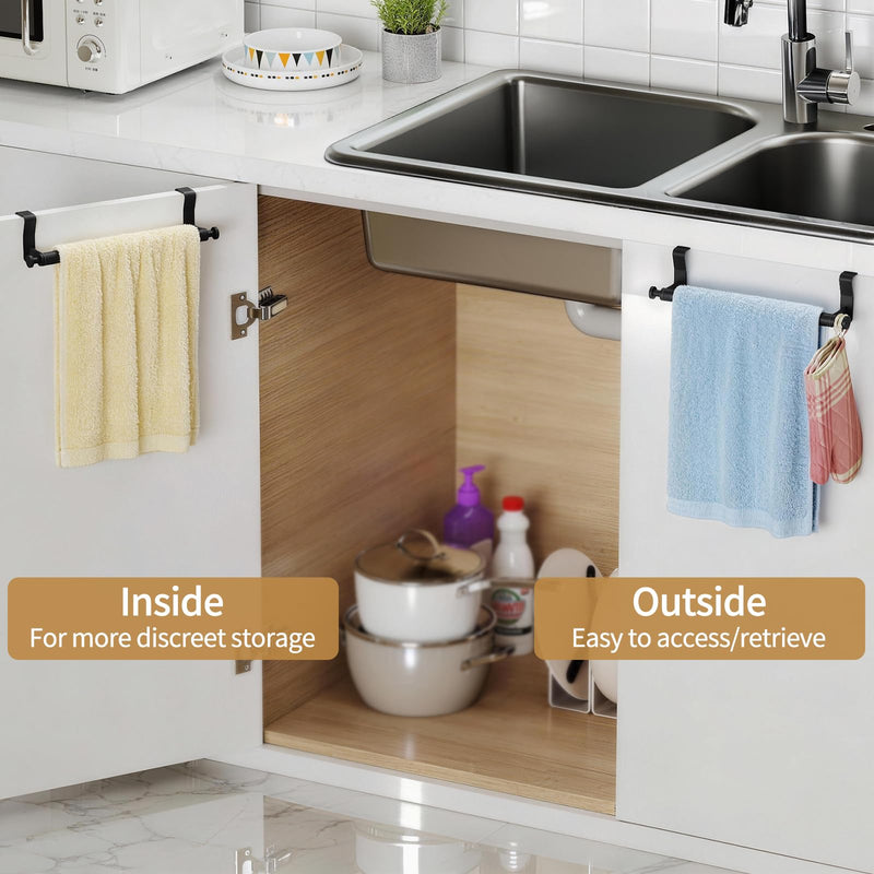 Over Cabinet Towel Holder, Stainless Steel Over The Cabinet Towel Rack Bars for Kitchen Cabinet Doors, Dish Towel Holder with Hooks, 2 Pack (Black) Black 10.5 inch