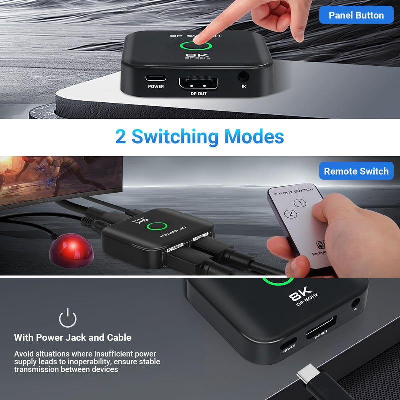 Displayport Switch 2 in 1 Out DP Switch Selector Box 8K@60Hz 4K@144Hz 4K@120Hz 4K@60Hz Display Port Switch for PS5, HDTV, Xbox, Fire Stick