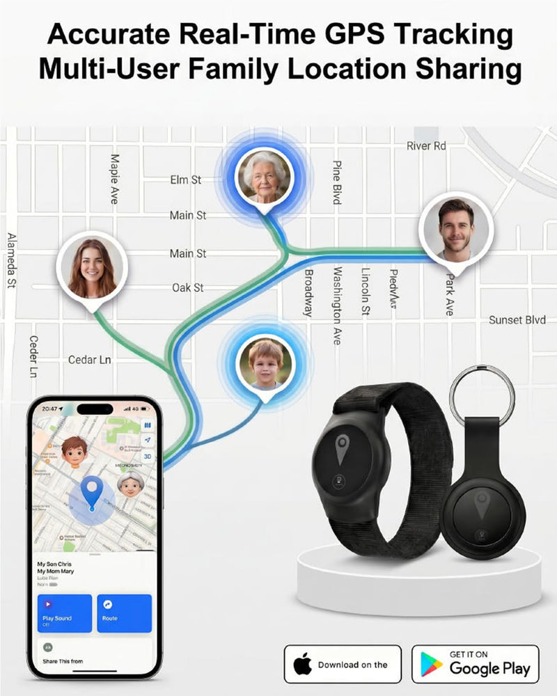 GPS Tracker for Kids, Smart Kids Tracker with Real-Time Location, for Android and iPhone No Monthly Fee & No SIM Card- Wearable Wristband & Keychain Design, IP68 Waterproof,Indoor & Outdoor Safety Use Black