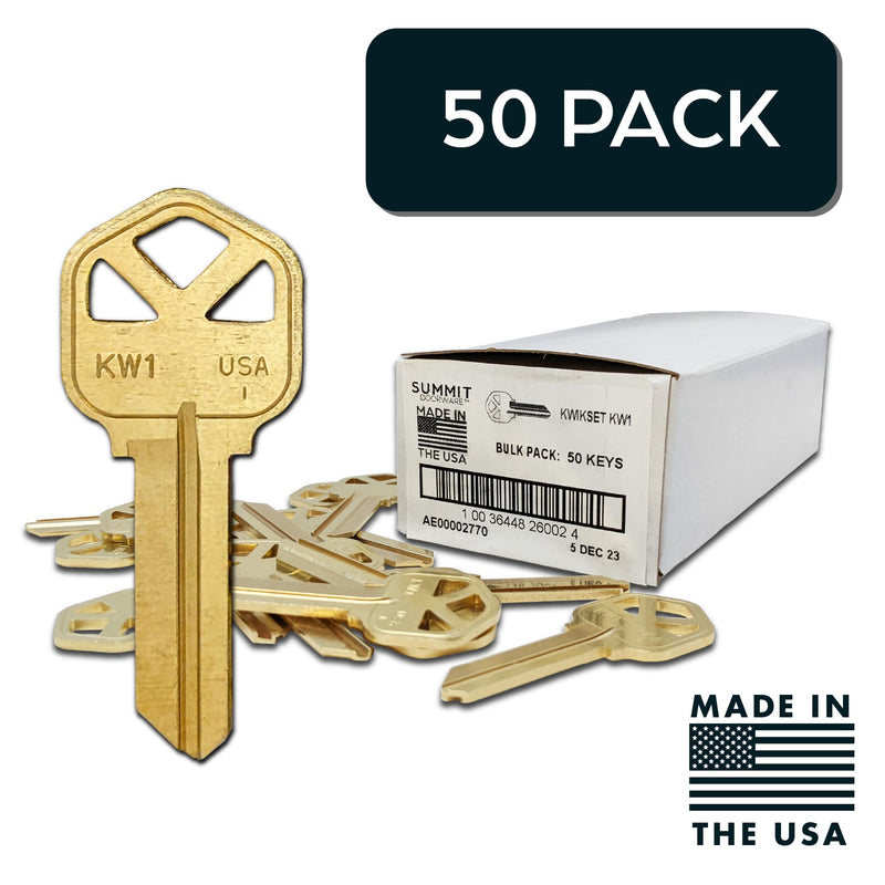 Summit Doorware Kwikset Key Blanks in Premium Brass Quality | Kw1 Uncut Blank Keys for Home and Professional Use | Pack of 50 Keys