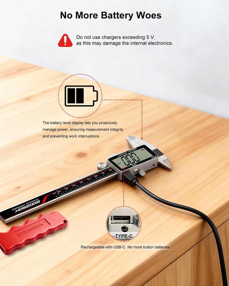 GODESON Digital Caliper, 6 Inch Rechargeable & Power Indicator Caliper Measuring Tool - 0.01mm Accuracy, Large LCD Vernier Calipers - IP54 & Full Stainless Steel, MM/Inch/F for Wood Working, DIY，3D 6-INCH USB-C