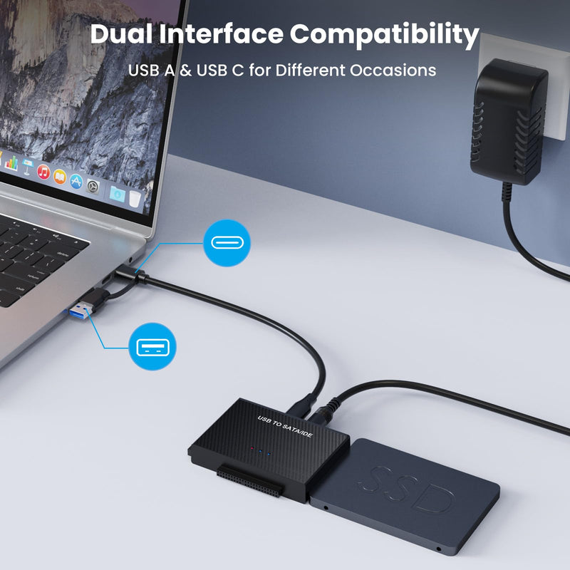 Hard Drive Reader USB 3.0 to SATA IDE Adapter，IDE SATA to USB + Type C External Hard Drive Adapter Data Recovery Converter Kit for Universal 2.5 3.5 HDD SSD Hard Drive Disk, with 12V/2A Power Adapter