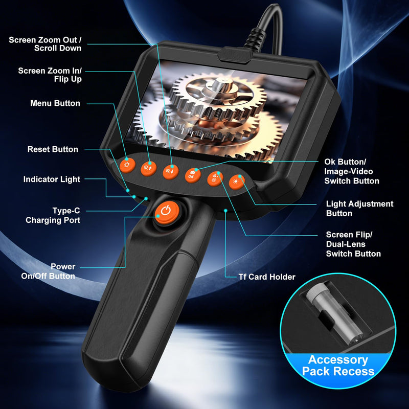 Dual Lens Endoscope Camera with Light, 1920P HD Industrial Borescope with 4.3" LCD, IP67 Waterproof Inspection Camera, 16.4FT Semi-Rigid Cable, 8 LED Lights 32GB Card, for Sewer Pipe Car Repair(Black) black