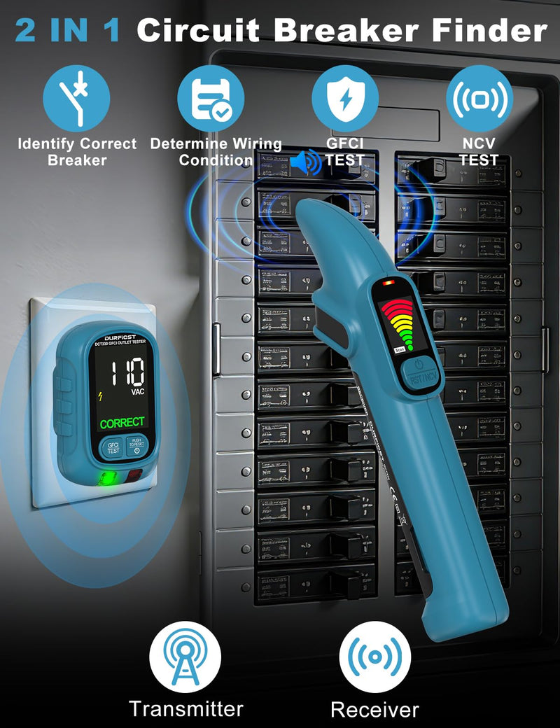 DURFICST Circuit Breaker Finder Tool with Electrical GFCI Outlet Tester, NCV Electrical Circuit Tracer Kit with LCD Display, Includes Adapters and Carrying Case DCT330KIT
