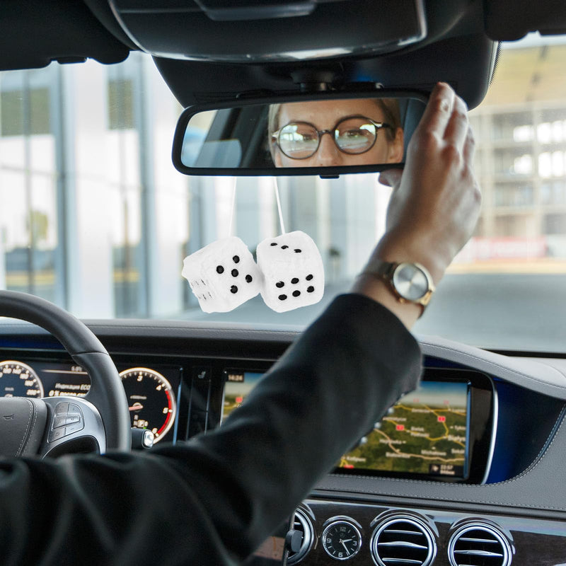 Fuzzy Plush Dice for Car Mirror 2.36” Pair of Retro Square Decoration Dice with White Dots Car Interior Hanging Ornament Decoration(White)