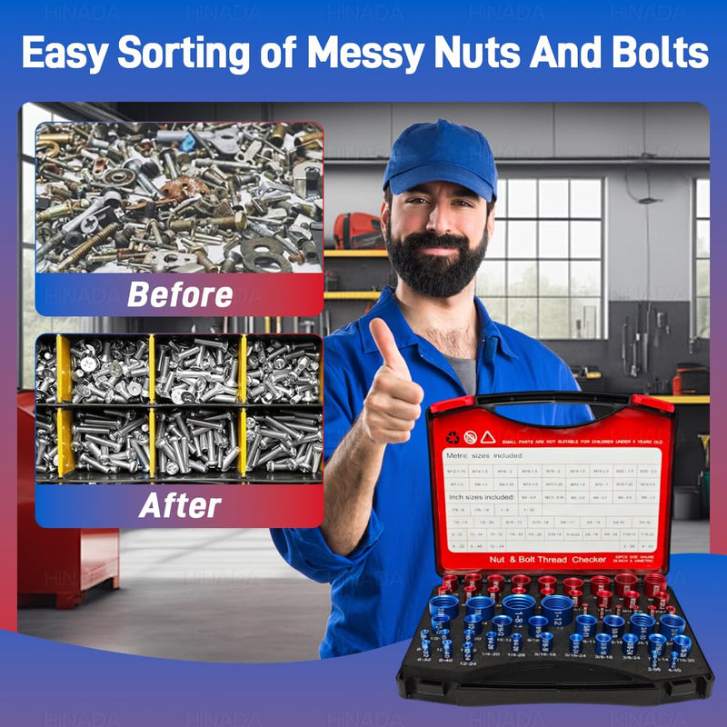 52PCS Nut and Bolt Thread Checker, 28 Inch & 24 Metric Box Set Thread Gauge, Thread Checker Kit in Standard and Metric Suitable for Nut Bolt Size Finder on Tricky and Narrow Area 52pcs