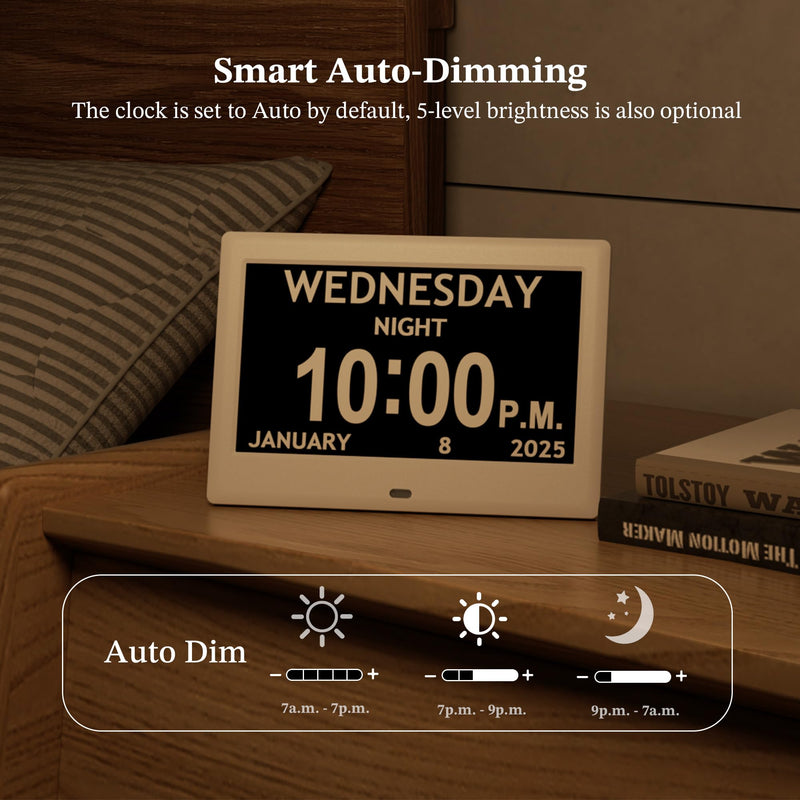 2025 NEW, Digital Clocks, 7'' Dementia Clock with Date and Time for Elderly, Auto-Dimming, 12 Reminders & 6 Alarms, Button & Remote Control, Auto DST, Digital Calendar for Seniors Large Display White