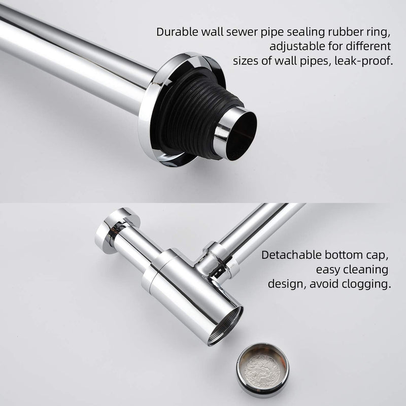 Bathroom Sink Stopper P-Trap Complete Set Adjustable 1-1/4 Sink Drain Kit Tube Solid Brass Bottle Trap w/Pop Up Drain Stopper Set, No Overflow Version, Chrome Silver