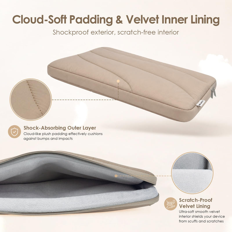 LENTION 14in Cloud Puffy Laptop Sleeve Water-Resistant Shock-Absorbing Case | Velvet Inner Lining, Slim Portable Design, Minimalist Camel Compatible with 13-14 Inch Laptops for Daily Commute Travel