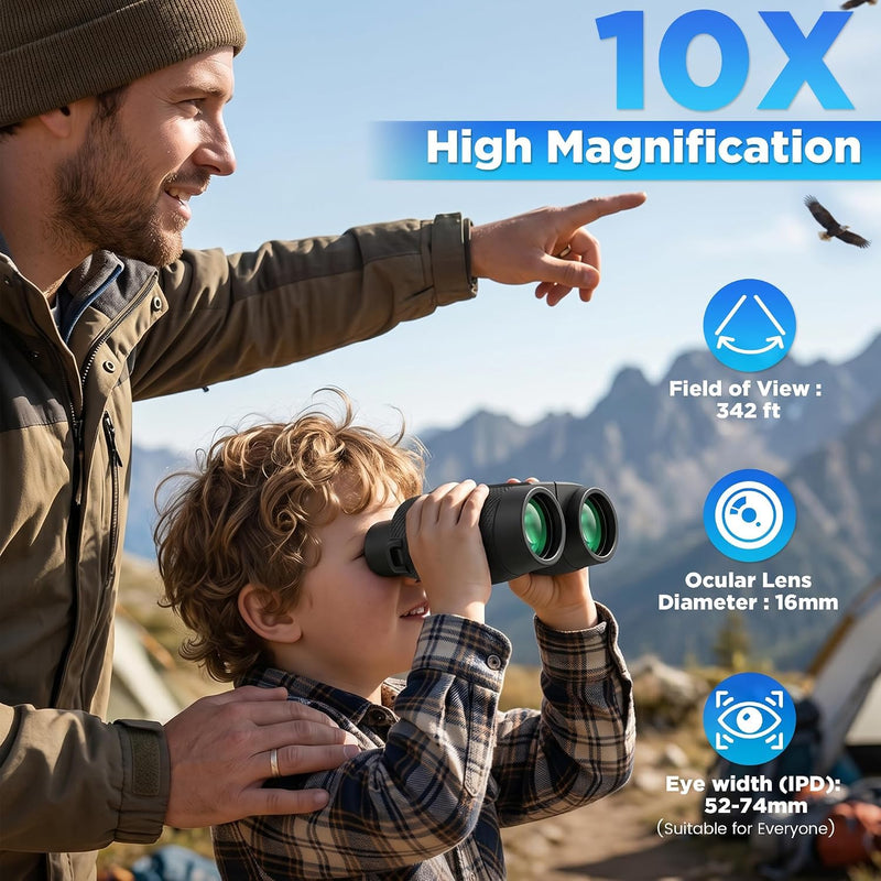 MMIXIO 10x25 Binoculars for Adults, High Powered Binoculars with Large View,FMC BAK4 Prism,for Bird Watching, Hiking,Camping,Travel,Cruise Ship,Concert,Safari,Ideal Gift Black