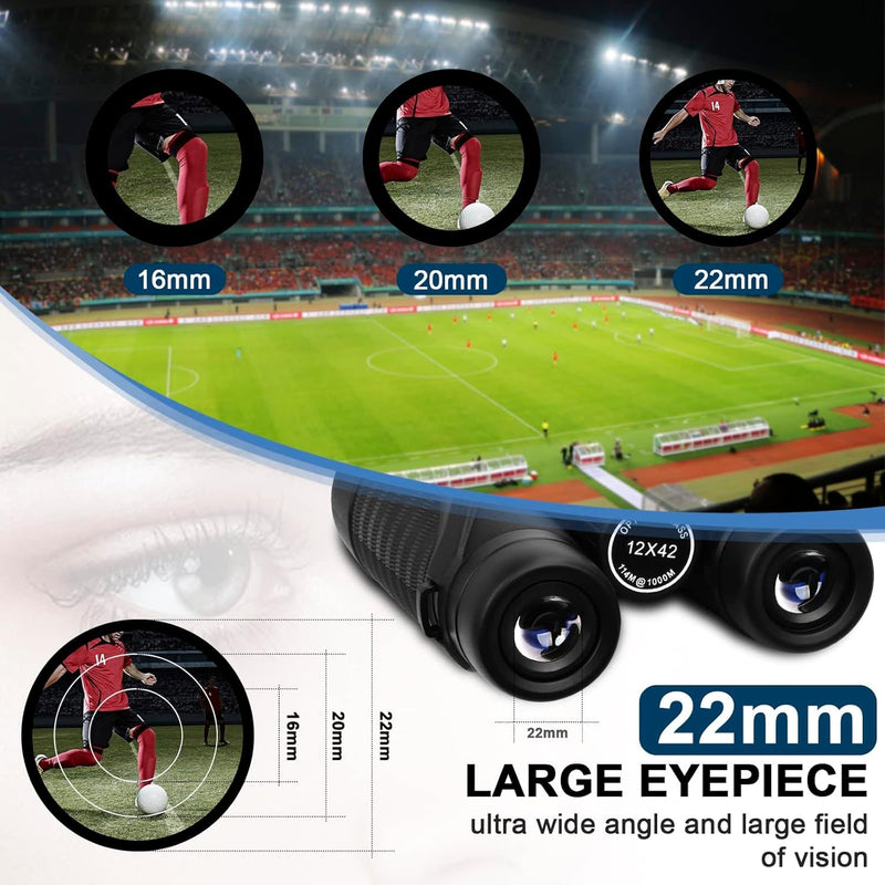 12x42 HD Waterproof Binoculars for Adults, Compact Binocular for Bird Watching (Black) | High Powered Binoculars BAK4 Prism FMC Lens, Binoculars for Hunting, Bird Watching, Travel Sports World Cup Games, Black