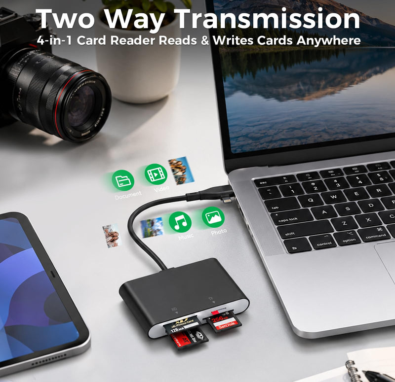 Memory Stick Pro Duo Adapter, USB-C & Lightning, SD/TF/MS/xD Card Reader | 4-in-2 Memory Stick Pro Duo Reader for Sony Cybershot SD Card; Works with iPhone 17/16/14, iPad, MacBook, PC, USB-C Devices Black