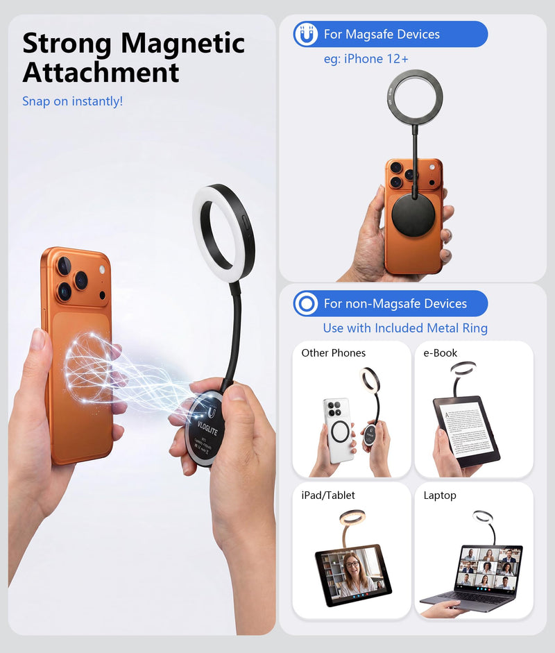Magnetic Selfie Light,Gooseneck LED Ring Light, Portable Reading Light, Video Conference Light, 5 Brightness Levels,8 CCT Adjustable, Flexible Arm LED Lights for iPhone,iPad,Laptop,Kindle,Book
