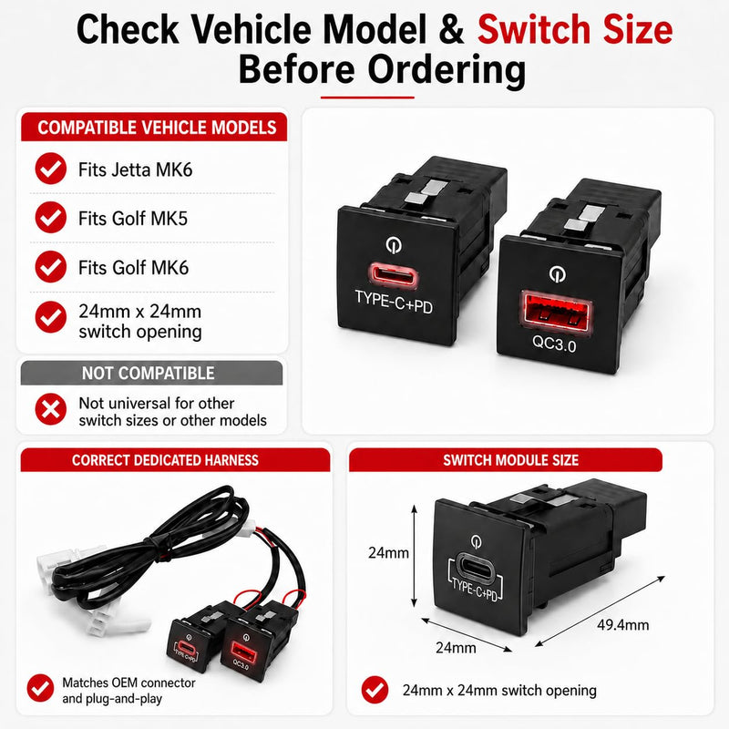VW Jetta MK6 Golf MK5 MK6 Accessories, 72W Fast Car Charger with Red LED | For Jetta MK6 2010-2014 Golf GTI MK5 MK6 2006-2013 36W PD + 36W QC3.0 Keeps phone & GPS fast-charging, Driving with red light