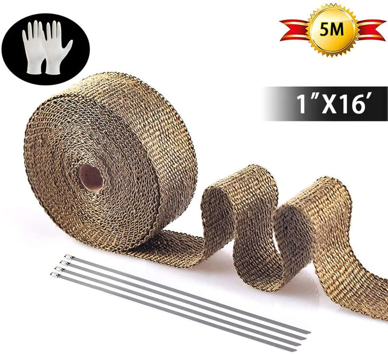 Titanium Exhaust Wrap 1" x 16' Roll for Motorcycle Fiberglass Heat Shield Tape with Stainless Ties 1" x 16' TITANIUM