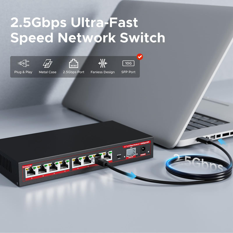 2.5G Switch 9 Ports with 1*10Gb switches , 8 Ports 2.5Gb and 1x10G SFP+ Slot, Vlan Function，Ethernet ,Network Switch, 60Gbps Capacity, Splitter| Plug & Play| Fanless Metal Design| Traffic 9 Port丨8x2.5 Gigabit Ports+1xSFP