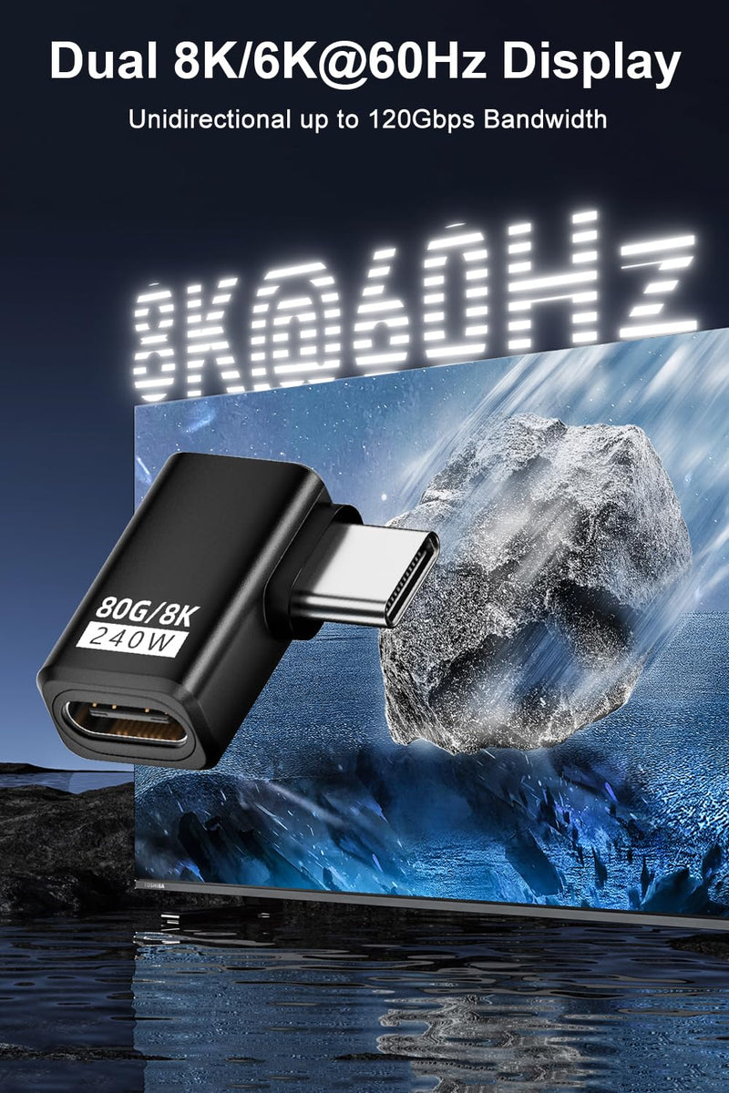AreMe 80Gbps USB-C 90 Degree Adapter 2 Pack, Black | 240W, 16K/Dual 8K, Right Angle Male to Female Extender, for Thunderbolt 5/4/3, Steam Deck, ROG Ally, Switch2, MacBook Black-H90