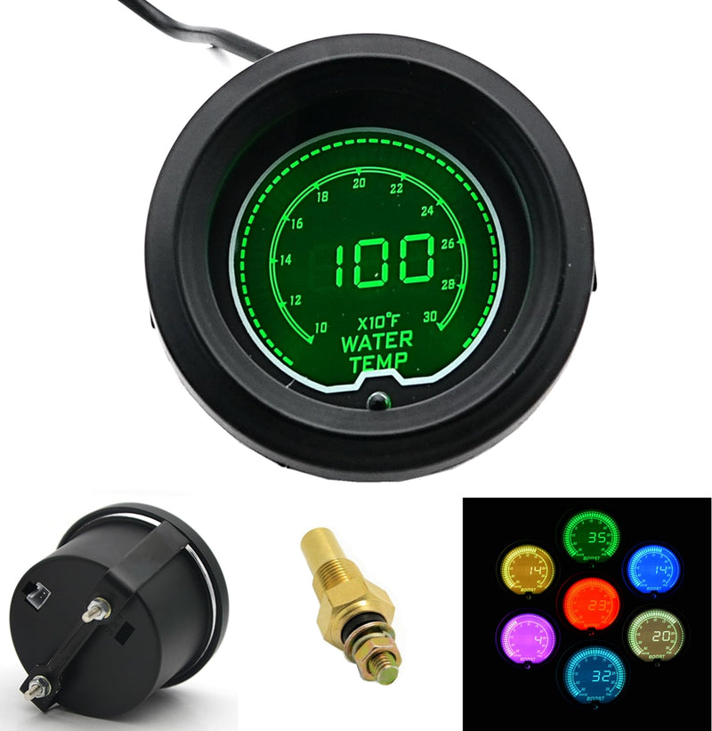 Black 7 Color LED Display 100~300°F Fahrenheit Water Temperature Gauge Kit Includes Temper Sensor for Car Truck | 7 Adjustable Color LED | Dual Digital/Analog Output|2-1/16" 52mm