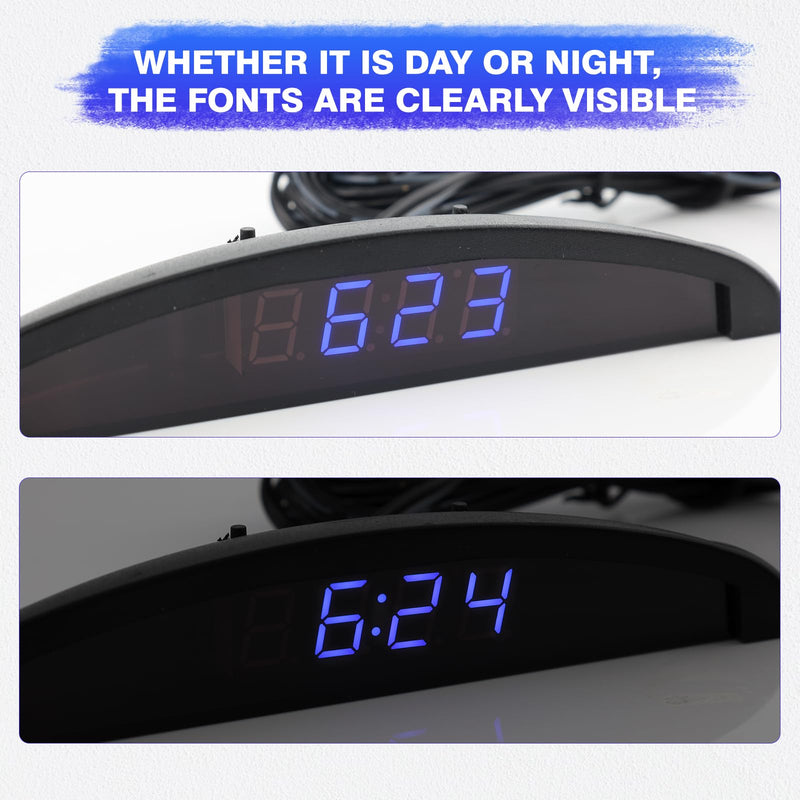 12V Car Temperature Clock, Universal Auto Dashboard Digital Multifunctional Clocks, 3in1 Voltmeter Thermometer Calendar Digital LED Display(Blue)