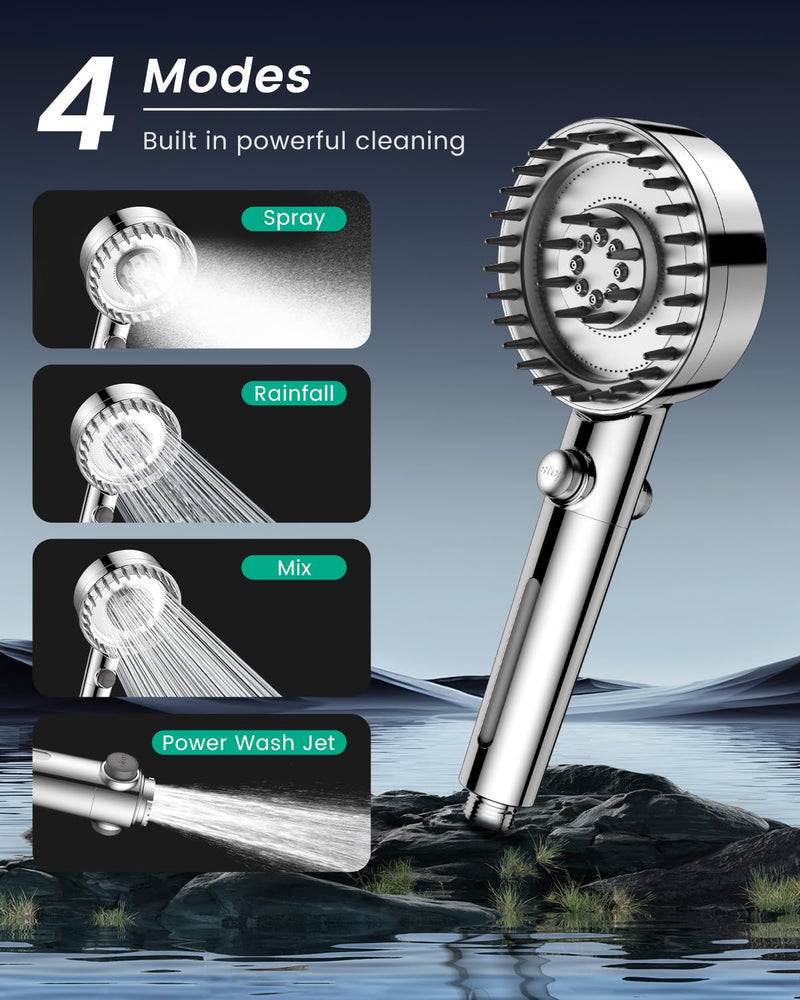 Filtered Shower Head with Handheld, High Pressure 4 Spray Mode Showerhead with Filters for Hard Water Softener, Handheld Shower Heads Filter with ON/OFF Switch for Pets Chrome