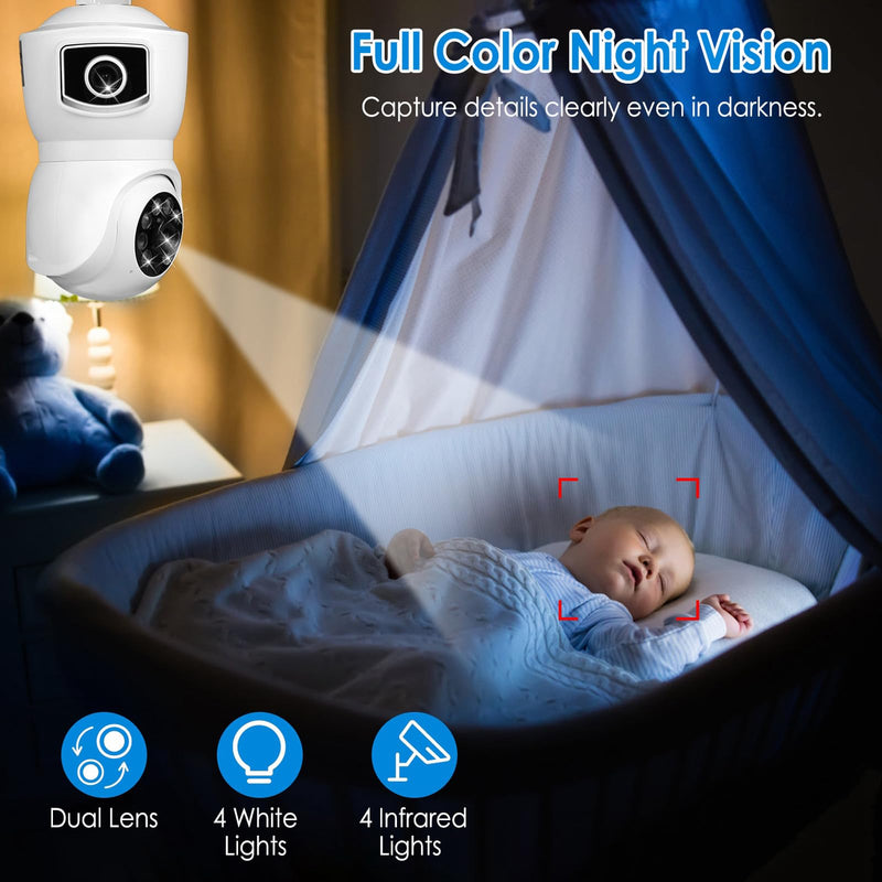 Light Bulb Security Cameras Wireless, 2.4GHz WiFi Light Socket Cam, E27 360° Light Socket Camera for Home Security, Night Vision, 2-Way Talk, Siren Alarm, Motion Detection