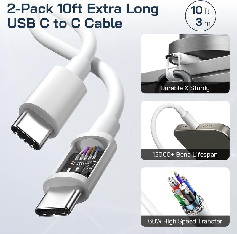 iPhone 17/16/15 Charger Fast Charging,2Pack 10FT Long USB C to C i Phone Fast Charging Cable Cord with 20W USBC Quick Charger Block Adapter for iPhone 17/16 Pro/15 ProMax/15 Plus,iPad 12.9/11/10.9/Air 2Pack 10FT C-C 2