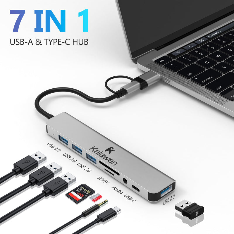 Kalawen USB C Hub USB Hub 3.0, Aluminum 8 in 1 USB Splitter with 1 x USB 3.0, 3 x USB 2.0 and 1 x USB C, SD/TF Card Reader, 3.5mm Aux Ports for MacBook/Pad Pro/Dell/HP Laptop Devices
