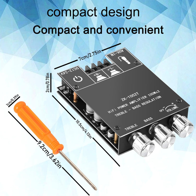 ZK-1002T Bluetooth Audio Amplifier Board,100W×2Power Amplifier,DC12-24V Bluetooth Audio Power Amplifier Board, Board with Treble and Bass Control,Supports AUX/Bluetooth ZK-1002T