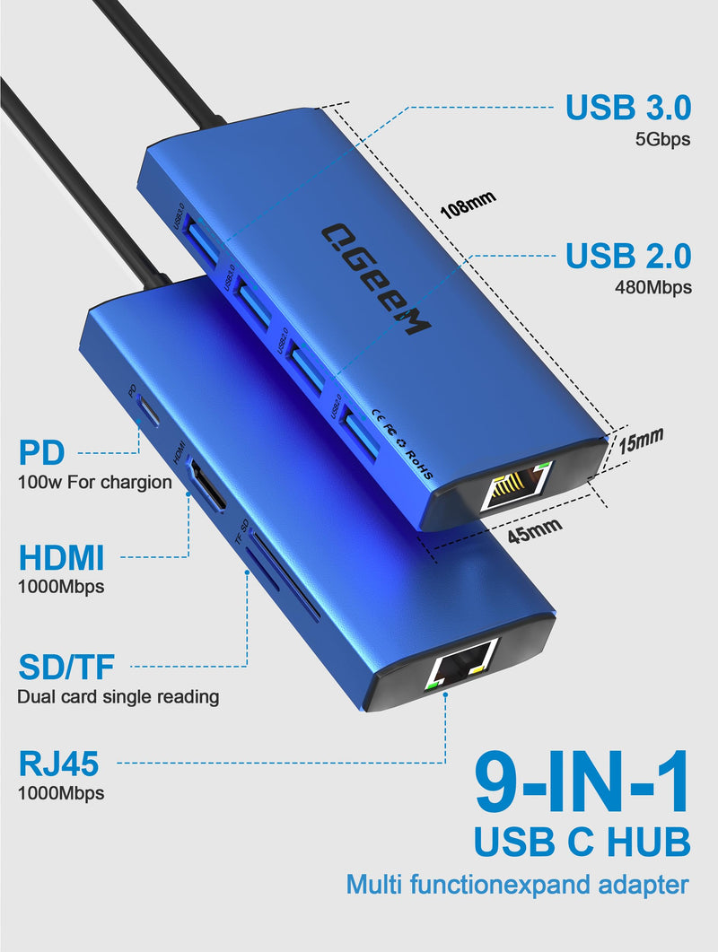 QGeeM Laptop Docking Station with HDMI 4K, 9 in 1 USB C Hub, 1000Mbps LAN, 100W PD, USB 3.0/2.0, SD/TF Card Reader, USB C Dock Compatible with iPhone 15/Mac/Dell/HP/Surface/Steam Deck-Blue blue