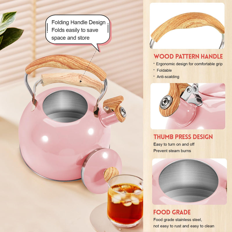GGC Tea Kettle for Stove Top, 85OZ/2.6QT Whistling Tea Kettles for Boiling Water Milik or Coffee, Pink Stainless Steel Tea Pots with Wood Pattern Folding Handle, Thumb Design Control Kettle Outlet Cute Pink