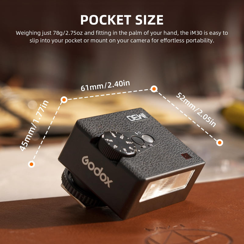 Godox IM30 Mini Camera Flash | Single-Contact Hotshoe 7-Level Power Adjustment S1/S2 Optical Slave Modes GN15 Mini Manual Flash for Canon/Sony/Fuji