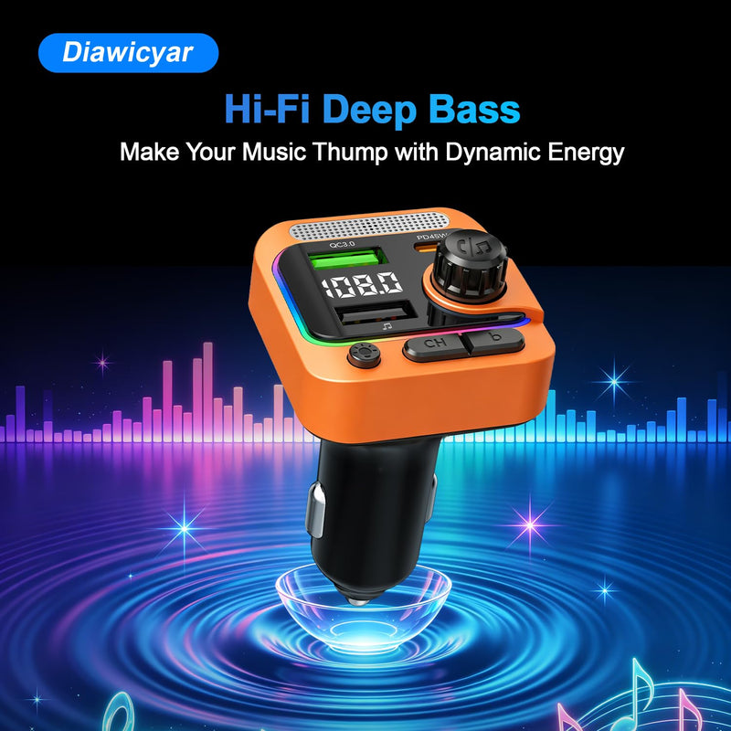 63W FM Transmitter Bluetooth Car Adapter, Wireless FM Bluetooth Transmitter | [PD 45W & QC3.0] Fast Charge, Deep Bass Player, Hands-Free Calling, Orange