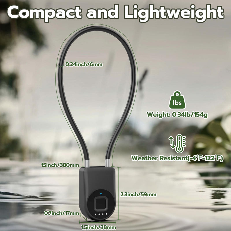 eLinkSmart Fingerprint Padlock, Fingerprint Cable Lock with Bluetooth APP Contral, 15'' Waterproof Keyless Smart Cable Lock Heavy Duty Anti Theft for Bike, Outdoor, Fridge, Gate, Fence, Black Black 15'' long
