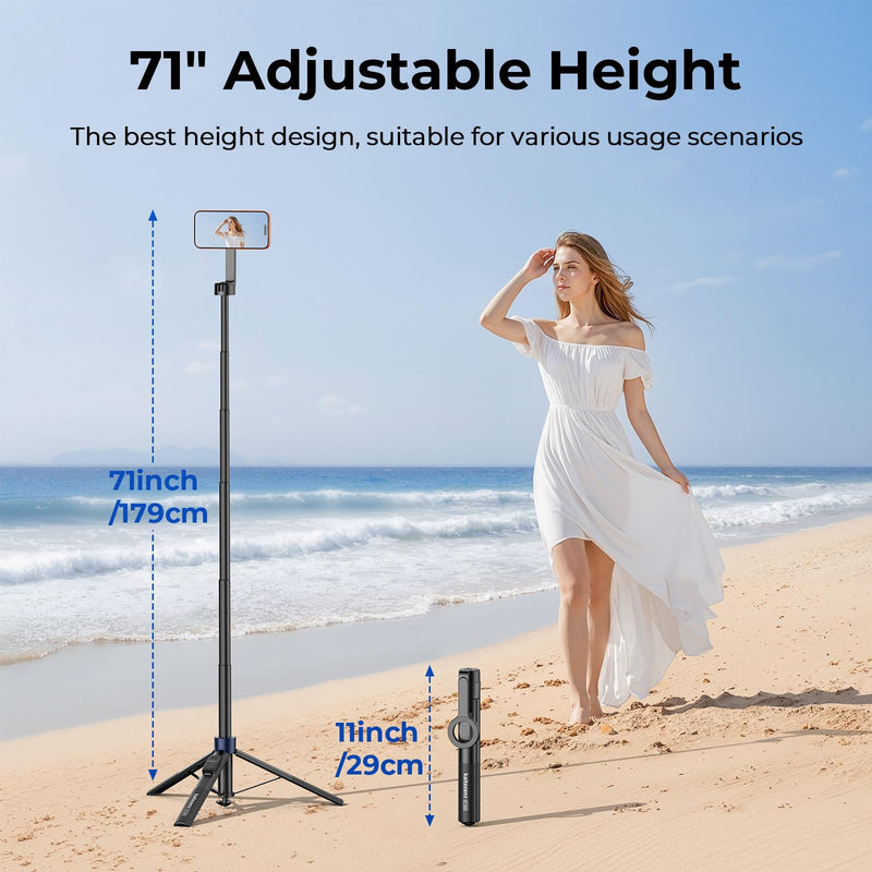 Kaitezenz Auto-Open Magnetic Selfie Stick Tripod for iPhone MagSafe, 71" Cell Phone Tirpod Stand with Metal Ring & Rechargeable Remote for Video Recording Vlogging Black KT-1025