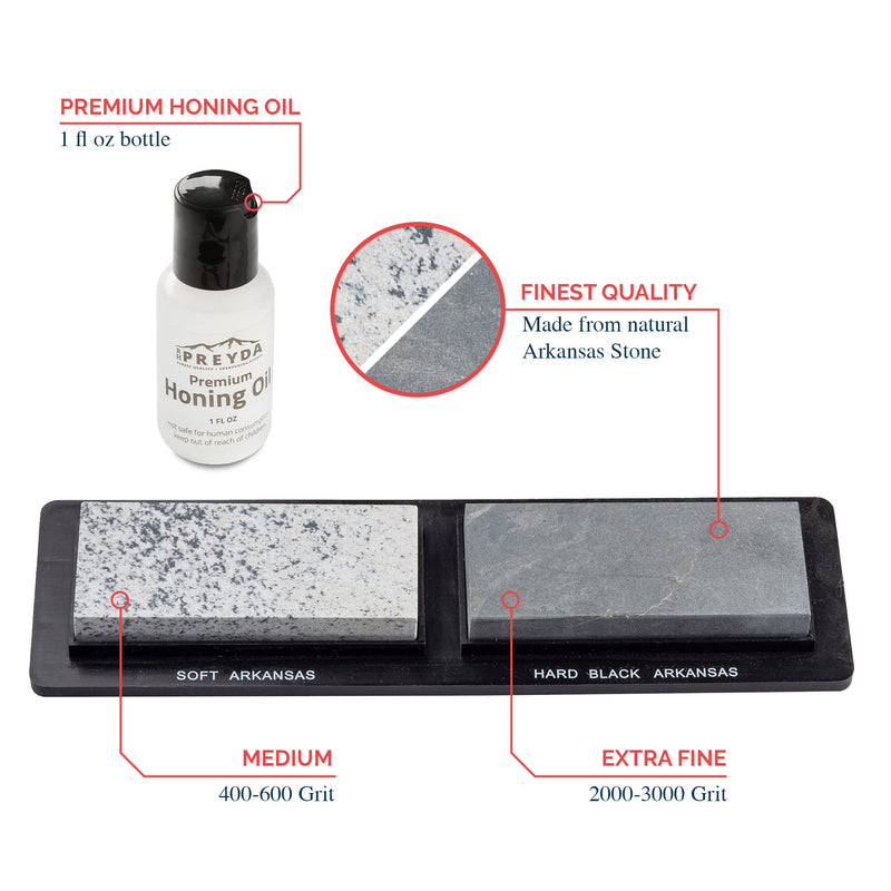 Arkansas 2-Stone Honing Set, Sharpening Stones and Premium Honing Oil for Blades, 3-1/2 x 1-5/8 x 1/2-Inch Whetstones with Non-Slip PVC Base, by RH Preyda