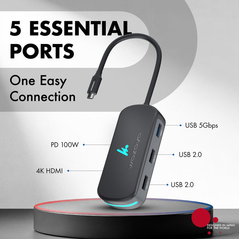 Type C 5 in 1 Wozoyo Docking Station with USB 5Gbps (3.2 Gen 1), 2XUSB 2.0, 4K@60Hz HDMI, and PD 100W – Compact USB-C Hub, Portable Design, Compatibility with macOS, Windows, Android, and iOS 5-in-1