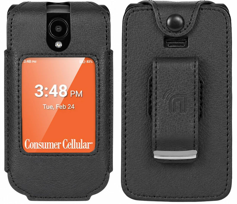 Fitted Series for Consumer Cellular Iris Easy Flip 2 Phone Case - Black | Vegan Leather, Form-Fit Cover, with Screen Protection, Keypad Guard, Rotating Metal Belt Clip, Also Fits SpeakEasy Flip 2026