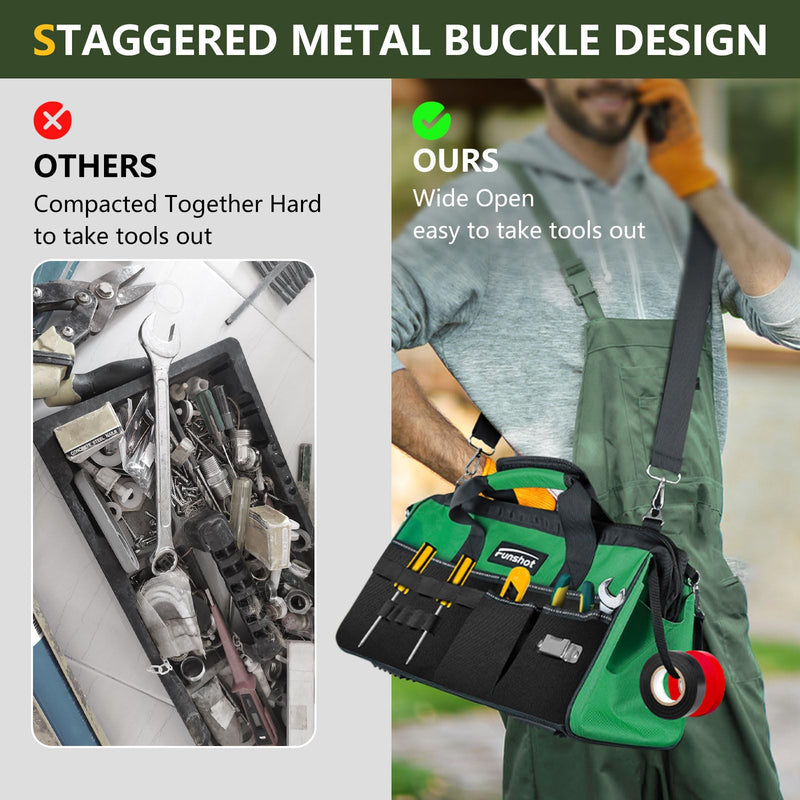 16 Inch Heavy Duty Tool Bag, Compact Tool Organizer with 17 Pockets, Wide Mouth Tool Tote with Adjustable Shoulder Strap, Portable Work Bag for Electricians, Mechanics, Contractors, DIY & Home Repair Green 15.6"L x 8.3"W x 9.5"H