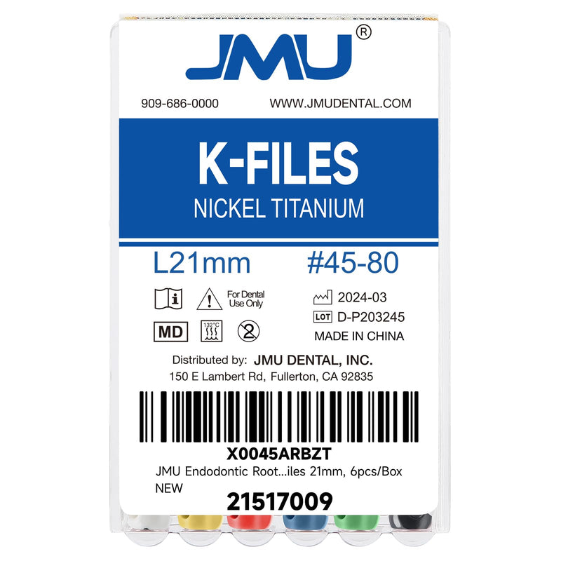 JMU Dental K Files #45-80/21 mm for Endodontic Root Canal, NITI Hand Use K-Files, 6 Pcs/Pack, 10 Packs Total #45-80(21mm)